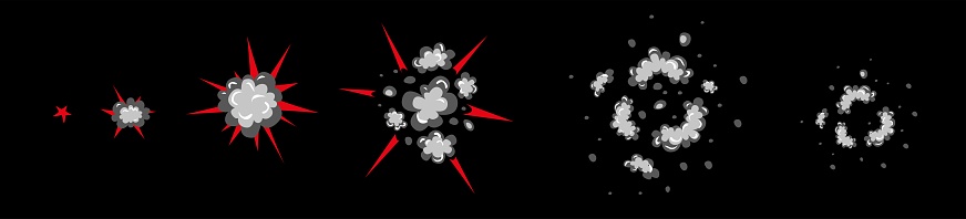 Gray smoke and red flame. Sprite sheet of a flat explosion. Animation for cartoon or game. Vector