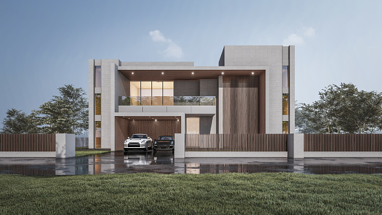 3d rendering of a modern cubic villa with wooden facade elements