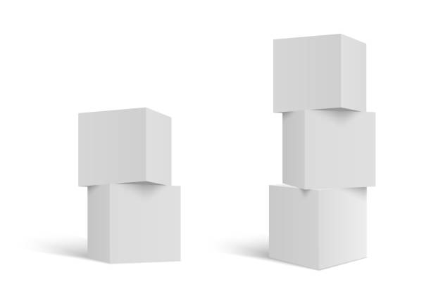 Stacked cubes Three 3D stacked cubes. Column of white cubes. Geometric shapes background. stock cubes stock illustrations