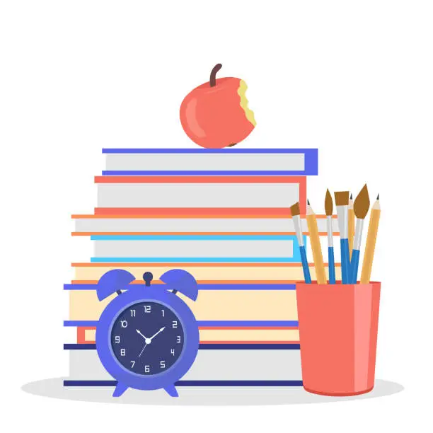 Vector illustration of Background on the theme back to school. Alarm clock and stapler and an apple with a stack of books as a concept of a new academic year, student life, distance learning, quality education.