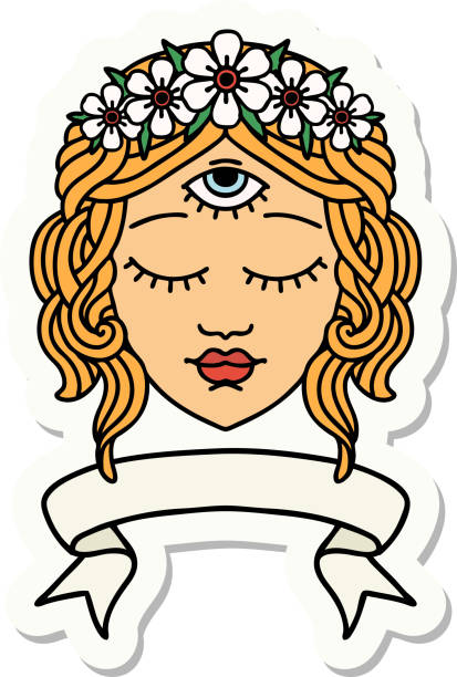 naklejka na tatuaż z banerem kobiecej twarzy - third eye illustrations stock illustrations