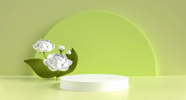 istock 3D Render Jasmine flowers product stage display banner background. Jasmine bouquet on green background 1408665662