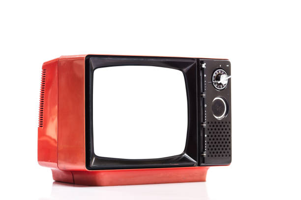 istock Retro old red television receiver set with cut out screen isolated on white background 1408666242