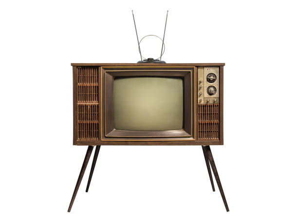 istock Retro old TV with antenna standing isolated on white background, Classic old television technology with wooden case, clipping path 1408666256