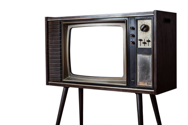 istock Vintage old television with blank screen display, clipping path isolated on white background. Classic retro old tv technology with wood case standing on white 1408666310