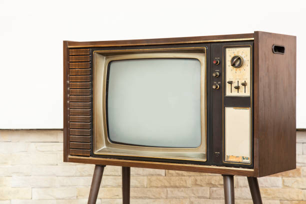 istock Retro, old television stands with brick wall background 1408666317