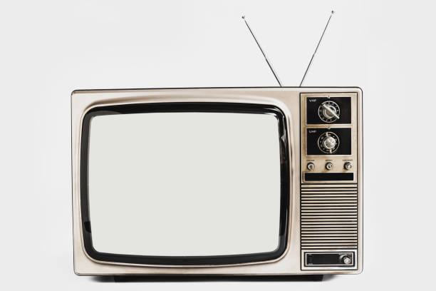白い背景に隔離された古いテレビ、レトロなヴィンテージスタイルのテレビ - radio old fashioned antique yellow ストックフォトと画像