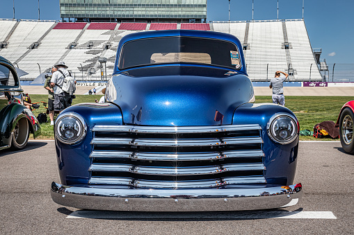 Lebanon, TN - May 14, 2022: Low perspective front view of a 1952 Chevrolet Advance Design 3100 pickup truck at a local car show.