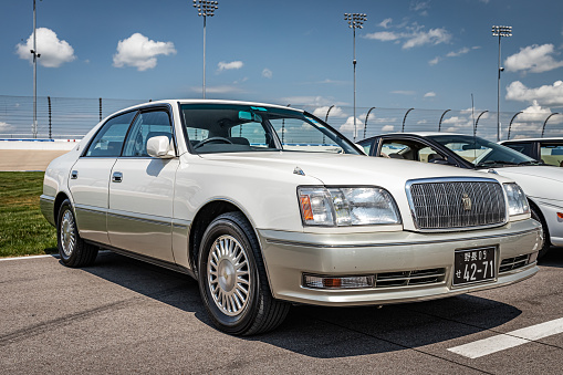 Lebanon, TN - May 14, 2022: Low perspective front corner view of a 1996 Toyota Crown Majesta Sedan at a local car show.