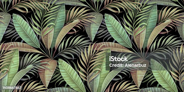 istock Green tropical leaves, exotic palm, jungle, foliage. Luxury seamless pattern. Hand-drawn pastel vintage 3d illustration. Dark watercolor background, art. Wallpaper, cloth, fabric printing, goods, wall 1408667667