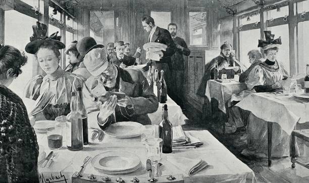 illustrazioni stock, clip art, cartoni animati e icone di tendenza di nel vagone ristorante dell'orient express, le persone si godono la cena - camera engraving old retro revival