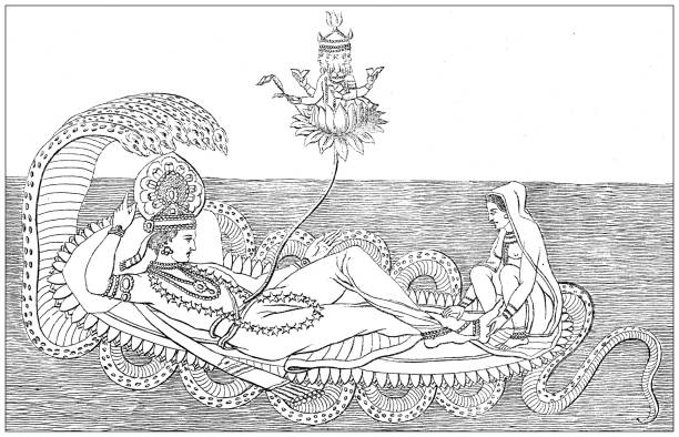 античная гравюра, цивилизация: брахма, вишну и лакшми - victorian style engraved image vishnu 19th century style stock illustrations