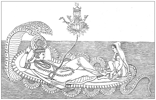 Antique engraving illustration, Civilization: Brahma, Vishnu and Lakshmi
