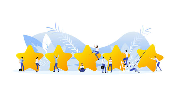 istock Customer review with gold star icon in laptop screen. People in flat style. Vector illustration 1408670475