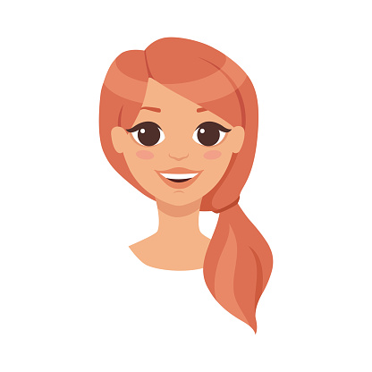 Pretty Woman Character Face with Red Hair in Ponytail Smiling Vector Illustration. Young Female Head Showing Positive Emotion and Facial Expression Concept