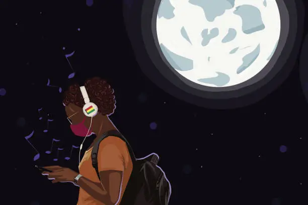 Vector illustration of Young woman listening to the music with earphones from a smart phone