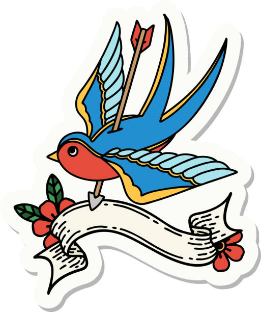 ilustrações, clipart, desenhos animados e ícones de adesivo de tatuagem com bandeira de uma andorinha pedaço por seta - pieced