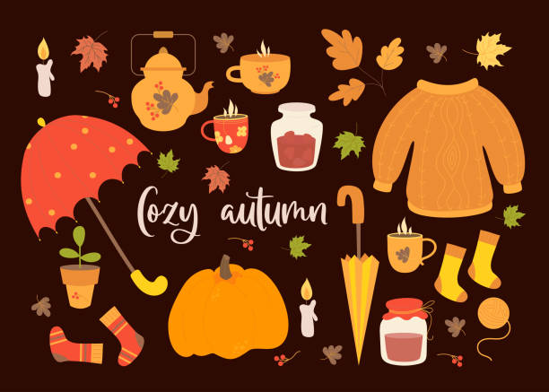 Vector set cozy autumn. Umbrella, sweater and knitted socks, jar of jam, cup, kettle and hot tea, autumn leaves and pumpkin. Isolated elements for fall design and decor, cards and printing . Vector set cozy autumn. Umbrella, sweater and knitted socks, jar of jam, cup, kettle and hot tea, autumn leaves and pumpkin. Isolated elements for fall design and decor, cards and printing knitted pumpkin stock illustrations