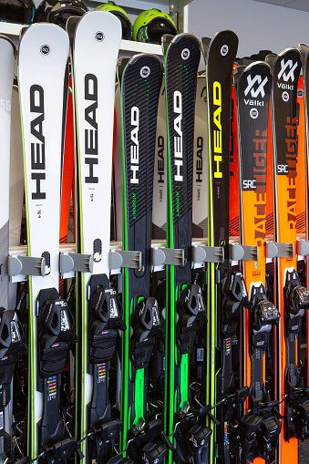 Bansko, Bulgaria - December 21, 2021: Ski equipment for sale and rent in the ski center