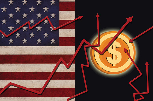 Illustration of American flag and rising dollar