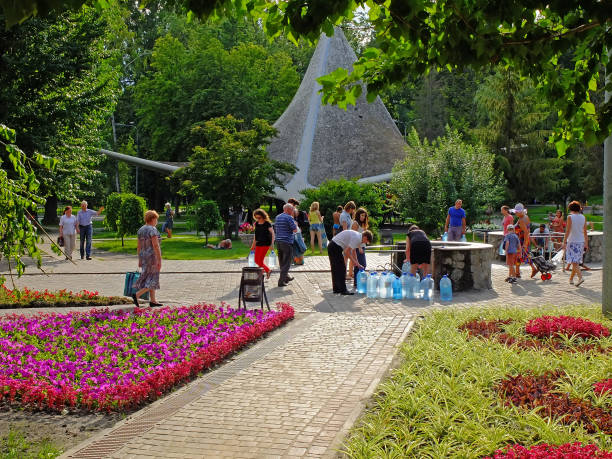Park with spring water. Summer in the city. Sunny day. Kharkiv city, Ukraine stock photo