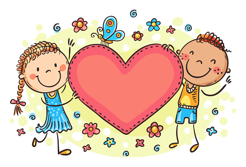  Ilustración de Garabatos De Dibujos Animados Para Niños Sosteniendo El Corazón Con Un Espacio En Blanco Para Su Texto Clipart Del Día De San Valentín y más Vectores Libres de Derechos de