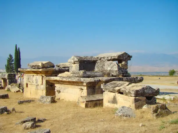 Photo of Stone ruins in the ancient city of Hieropolis, Turkey.