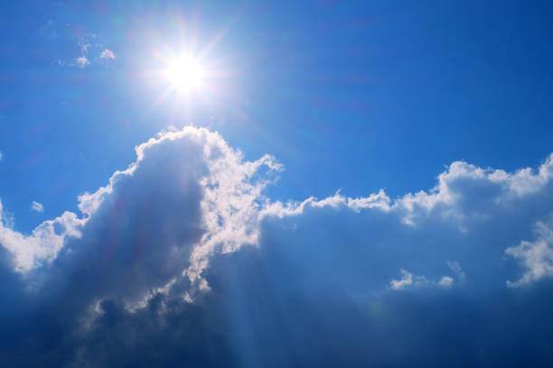 Sky with clouds and sun, colorful natural blue background