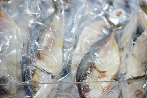 Steamed mackerel fish in pack sealing