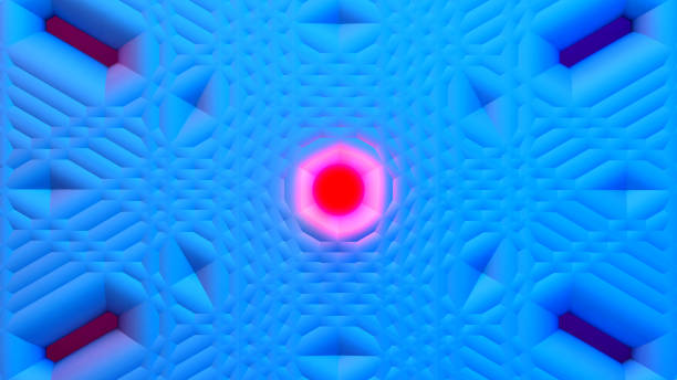 istock Scientific or technology abstractions with grid surface and surreal symmetric structure around the red light orb. Abstract background with blue fluorescent and vibrant tech structure 1408682280