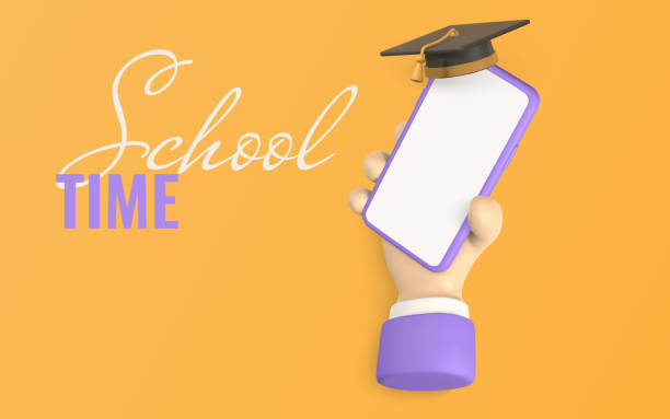 istock School time promo banner design. 3D Cute cartoon character hand holding mobile smart phone with graduation cap. Vector illustration 1408686048