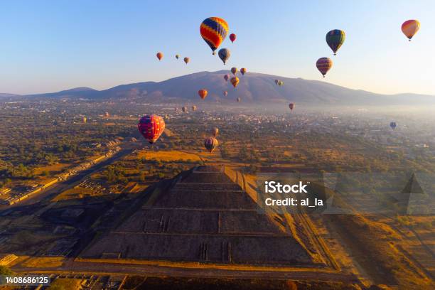 Sunrise On Hot Air Balloon Over The Teotihuacan Pyramids Stock Photo - Download Image Now