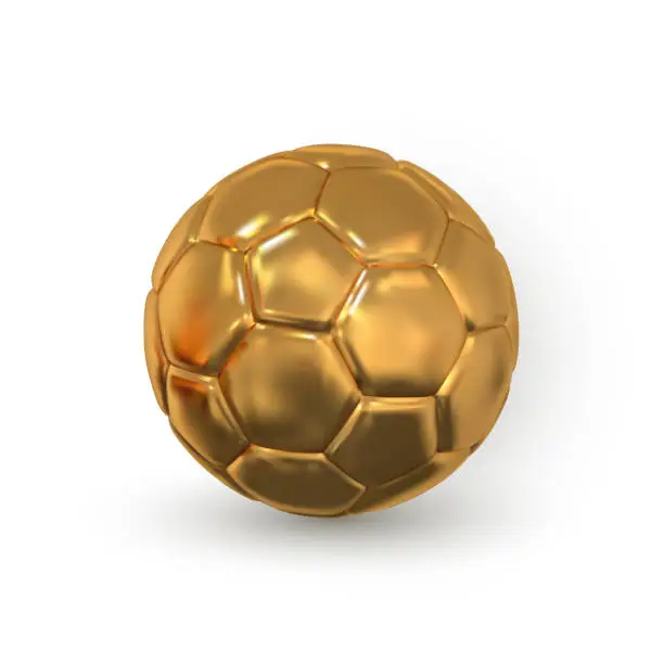 Vector illustration of 3d realistic golden Soccer ball. Gold Football ball. Vector illustration