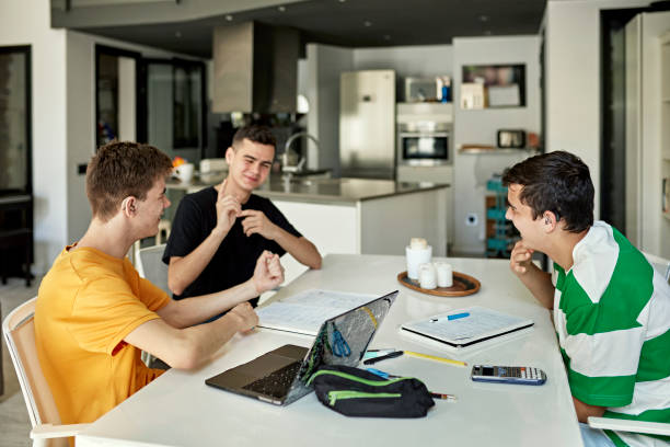 Boys sitting at dining table doing homework and signing