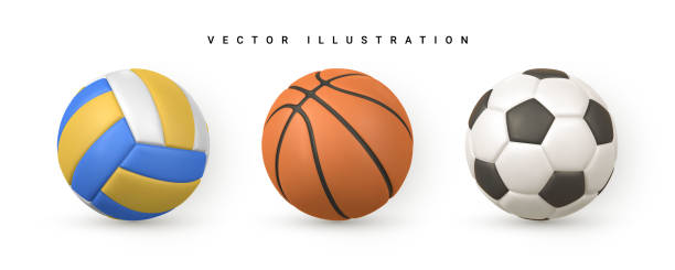 set aus realistischem 3d-fußball, fußball, korb und volleyball auf weißem hintergrund. vektor-illustration - volleying stock-grafiken, -clipart, -cartoons und -symbole