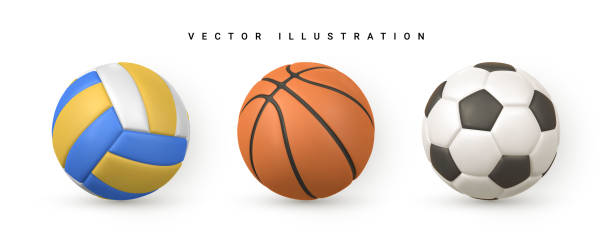 zestaw realistycznej piłki nożnej 3d, piłki nożnej, kosza i siatkówki na białym tle. ilustracja wektorowa - basketball single object circle sphere stock illustrations