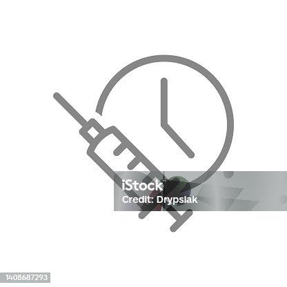 istock Medical syringe and watch line icon. Vaccination time, injection, worldwide immunity symbol 1408687293