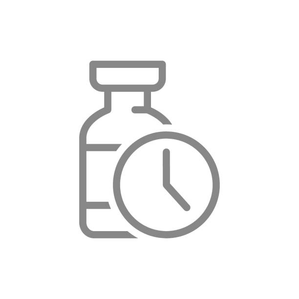 ampul medis dan ikon garis arloji. waktu vaksinasi, serum, simbol kekebalan kolektif - time life ilustrasi stok