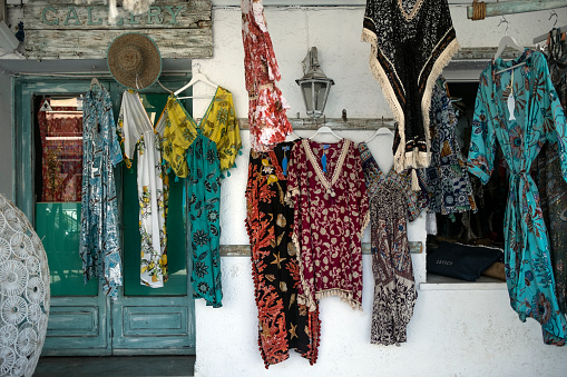 Dresses front of a woman's store hanged for sale, Kos island, Greece