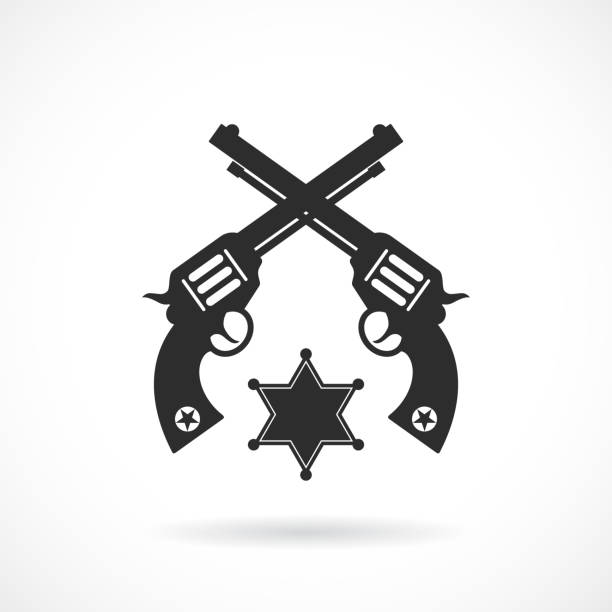 クロスリボルバー銃、ヴィンテージミリタリーシンボル - gun handgun silhouette outline点のイラスト素材／クリップアート素材／マンガ素材／アイコン素材
