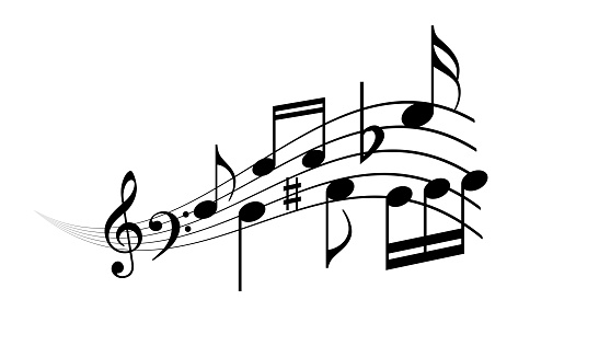 Musical wave with notes, vector cartoon on white background