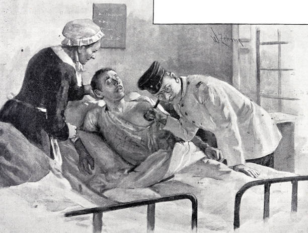 의사가 병든 병사를 검사합니다. - 1894 stock illustrations