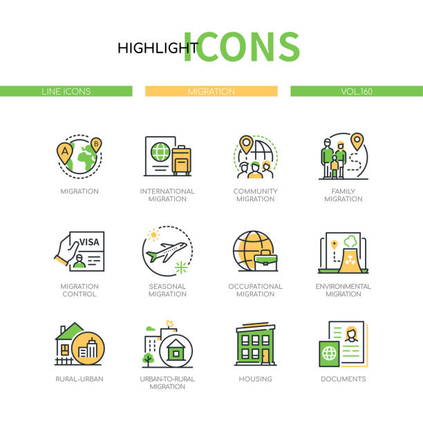 illustrations, cliparts, dessins animés et icônes de migration de masse - ensemble d’icônes de style de conception de ligne moderne - global village
