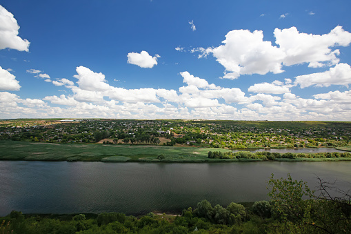 View of the Dniester River and Transnistria from the rock monastery in Tipovo, Moldova, outdoors