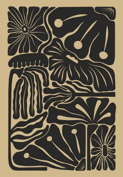 абстрактный черный нарисованный вручную эстетический цветочный иллюстрированный плакат, изолированный на бежевом фоне. - decorative plant stock illustrations