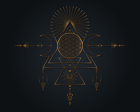 Triple Goddess and Flower of Life, Sacred Geometry, tribal triangles, moon phases in Shaman boho style. Tattoo, astrology, alchemy, and magic symbols. Vector isolated on vintage background