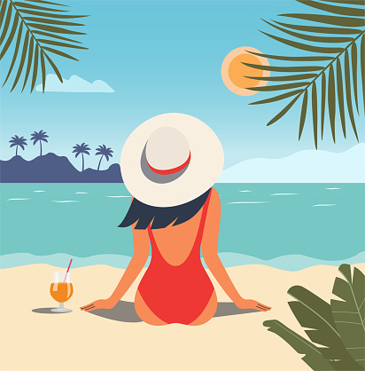 Beach scene. Happy girl with cocktail glass sitting on the sand and looking at the sea. Vector flat illustration Vector flat illustration