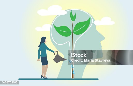 istock Mindset Concept.Watering plants with big brain growth mindset concept. 1408703103