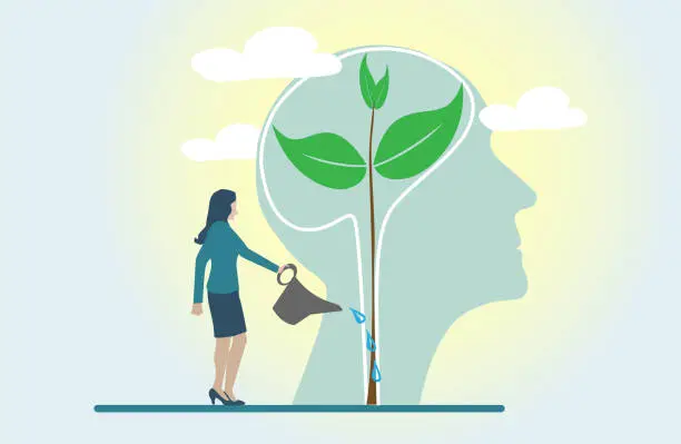 Vector illustration of Mindset Concept.Watering plants with big brain growth mindset concept.