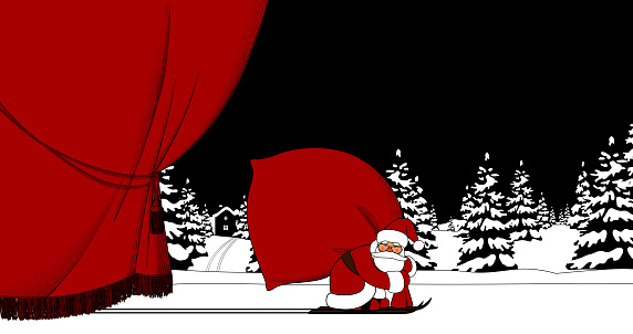 Red curtain and Santa Claus by ski carrying a big red sack against the black and white winter spruce forest in snow. Christmas and New Year mug design and 
greeting card. Vector Illustration